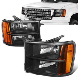 07-14 GMC Sierra 1500 2500 3500HD Headlights - Black Housing Amber Corner