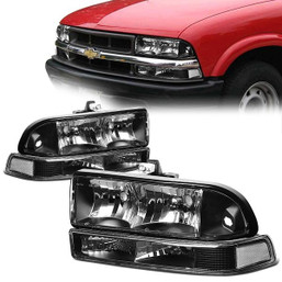98-04 Chevy S10 Pickup Blazer Headlights+Bumper Lamp - Black Housing Clear Corner