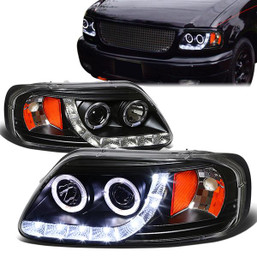 97-04 Ford F150 F250 Expedition LED DRL+Halo Ring Projector Headlights - Black Housing