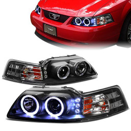 99-04 Ford Mustang LED Halo-Ring Projector Headlights - Black Housing Amber Corner