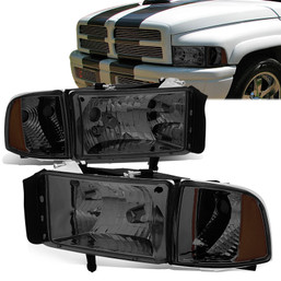 94-02 Dodge Ram 1500 2500 3500 Pickup Headlights - Smoked Housing Amber Corner