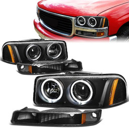 99-07 GMC Sierra 1500 2500 3500 Yukon LED Halo Projector Headlight+Bumper Lamp - Black