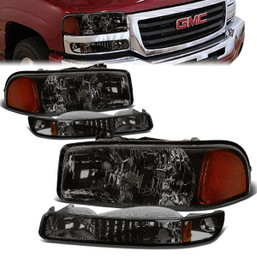 99-07 GMC Sierra 1500 2500 3500 HD Yukon XL Headlights+Bumper Lamp - Smoked Housing Amber Corner