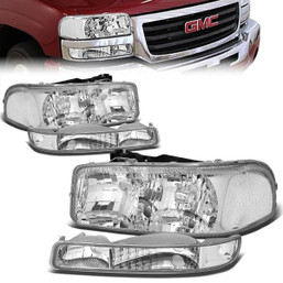 99-07 GMC Sierra 1500 2500 3500 HD Yukon XL Headlights+Bumper Lamp - Chrome Housing Clear Corner