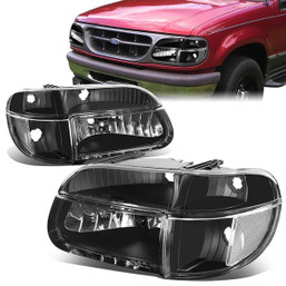 95-01 Ford Explorer Mercury 1997 Mountaineer Headlights - Black Housing Clear Corner