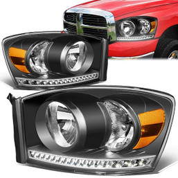 06-09 Dodge RAM 1500 2500 3500 LED DRL Headlights - Black Housing Amber Corner