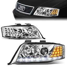98-01 Audi A6 Quattro LED DRL+Turn Signal Projector Headlights - Chrome Housing