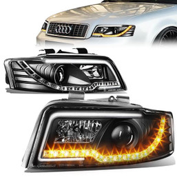 02-05 Audi A4/S4 B6 Quattro LED DRL+Turn Signal Projector Headlights - Black