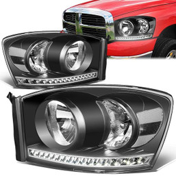 06-09 Dodge RAM 1500 2500 3500 LED DRL Headlights - Black Housing Clear Corner