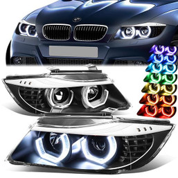 06-08 BMW E90 323i 325xi 325i 328i 328xi 330i 7-Colors LED U-Halo Projector Headlights - Black