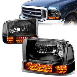 99-04 Ford F250 F350 Super Duty Excursion Headlights+Bumper Turn Signal Lamp - Black
