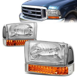 99-04 Ford F250 F350 Super Duty Excursion Headlights+Bumper Turn Signal Lamp - Chrome
