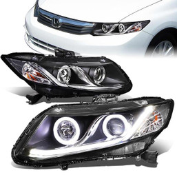 12-15 Honda Civic LED DRL+Halo Ring Projector Headlights - Black Housing