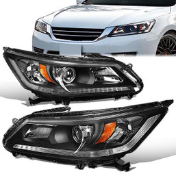 13-15 Honda Accord Sedan LED DRL Projector Headlights - Black Housing Amber Corner