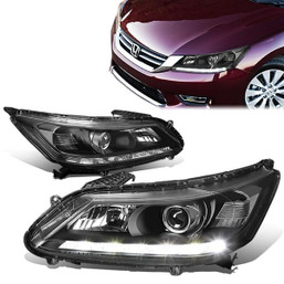 13-15 Honda Accord Sedan LED DRL Projector Headlights - Black Housing Clear Corner