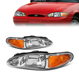 97-02 Ford Escort Sedan Headlights - Chrome Housing Amber Corner
