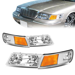 98-02 Mercury Grand Marquis Headlights - Chrome Housing Amber Corner