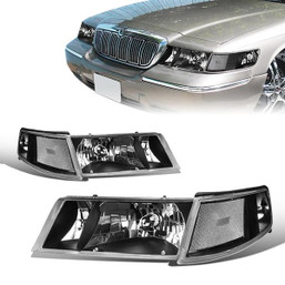 98-02 Mercury Grand Marquis Headlights - Black Housing Clear Corner