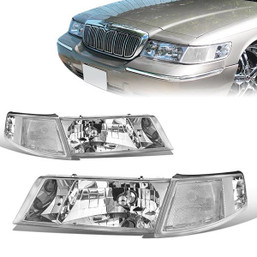 98-02 Mercury Grand Marquis Headlights - Chrome Housing Clear Corner