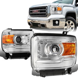 14-18 GMC Sierra 1500 2500 3500 HD Projector Headlights - Chrome Housing Amber Corner