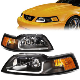99-04 Ford Mustang GT LED DRL Headlights - Black Housing Amber Corner