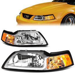 99-04 Ford Mustang GT LED DRL Headlights - Chrome Housing Amber Corner