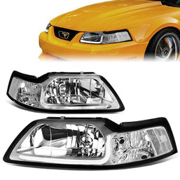 99-04 Ford Mustang GT LED DRL Headlights - Chrome Housing Clear Corner