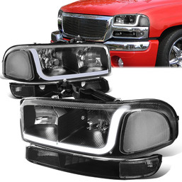 99-07 GMC Sierra 1500 2500 3500 Sierra C3 Yukon LED DRL Headlights+Bumper Lamp - Black