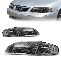 98-99 Mazda 626 Headlights - Black Housing Clear Corner