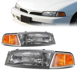97-01 Mitsubishi Mirage Sedan Headlights - Chrome Housing Amber Corner