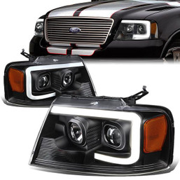 04-08 Ford F150 Lincoln Mark LT LED DRL Projector Headlights - Black Housing Amber Corner
