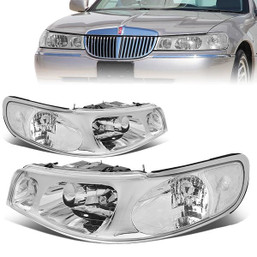 98-02 Lincoln Town Car Headlights - Chrome Housing Clear Corner