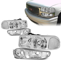 01-07 GMC Sierra Yukon XL 1500 Denali Headlights+Bumper Lamp - Chrome Housing Clear Corner