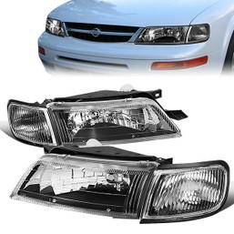 97-99 Nissan Maxima Headlights - Black Housing Clear Corner