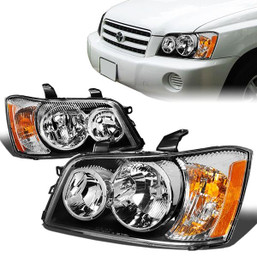 01-03 Toyota Highlander Headlights - Black Housing Amber Corner