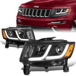14-16 Jeep Grand Cherokee LED DRL Projector Headlights - Black Housing Amber Corner