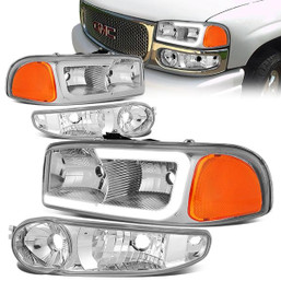 00-06 GMC Sierra Yukon XL Denali LED DRL Headlights+Bumper Lamp -Chrome Housing Amber Corner