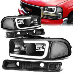 99-07 GMC Sierra Yukon XL 1500 2500 3500 LED DRL Headlight+Bumper Lamp - Black Housing Clear Corner
