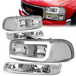 99-07 GMC Sierra Yukon XL 1500 2500 3500 LED DRL Headlight+Bumper Lamp - Chrome Housing Clear Corner