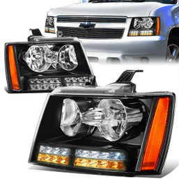 07-14 Chevy Tahoe Suburban LED DRL+Turn Signal Headlights - Black Housing Amber Corner