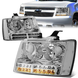 07-14 Chevy Tahoe Suburban LED DRL+Turn Signal Headlights - Chrome Housing Clear Corner