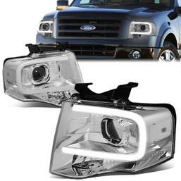 07-14 Ford Expedition LED DRL Projector Headlights - Chrome Housing Clear Corner