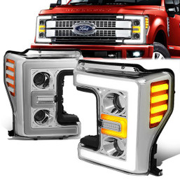 17-19 Ford F250 F350 F450 F550 Super Duty LED DRL Projector Headlights - Chrome Housing Amber Corner