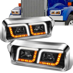 81-19 Western Star 4800 Kenworth W900 LED DRL+Turn Signal Projector Headlights - Black