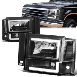 91-94 Ford Explorer LED DRL Headlights+Bumper Lamps - Black Housing Clear Corner