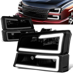 03-07 Chevy Silverado 1500 2500 3500 Avalanche LED DRL Headlights+Bumper Lamp - Tinted Housing