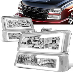 03-07 Chevy Silverado 1500 2500 3500 Avalanche LED DRL Headlights+Bumper Lamp - Chrome Housing