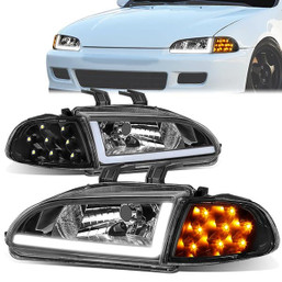 92-95 Honda Civic Coupe/Hatchback LED DRL+Turn Signal Headlights+Corner Lamps - Black