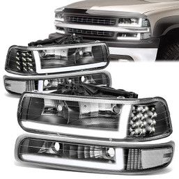 99-02 Chevy Silverado 00-06 Suburban LED DRL Headlights+Bumper Lamp - Black Housing Clear Corner