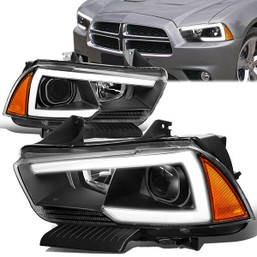 11-14 Dodge Charger LED DRL Projector Headlights - Black Housing Amber Corner
